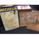 A 1970s Michelin enamelled tin map of Northern England & Scotland; and a gilt framed eighteenth