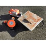 An electric tabletop tile cutter; a Silverline electric belt sander; and a chain block & tackle. (
