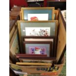 A box of miscellaneous pictures including eleven handsewn framed embroideries, prints - some signed,