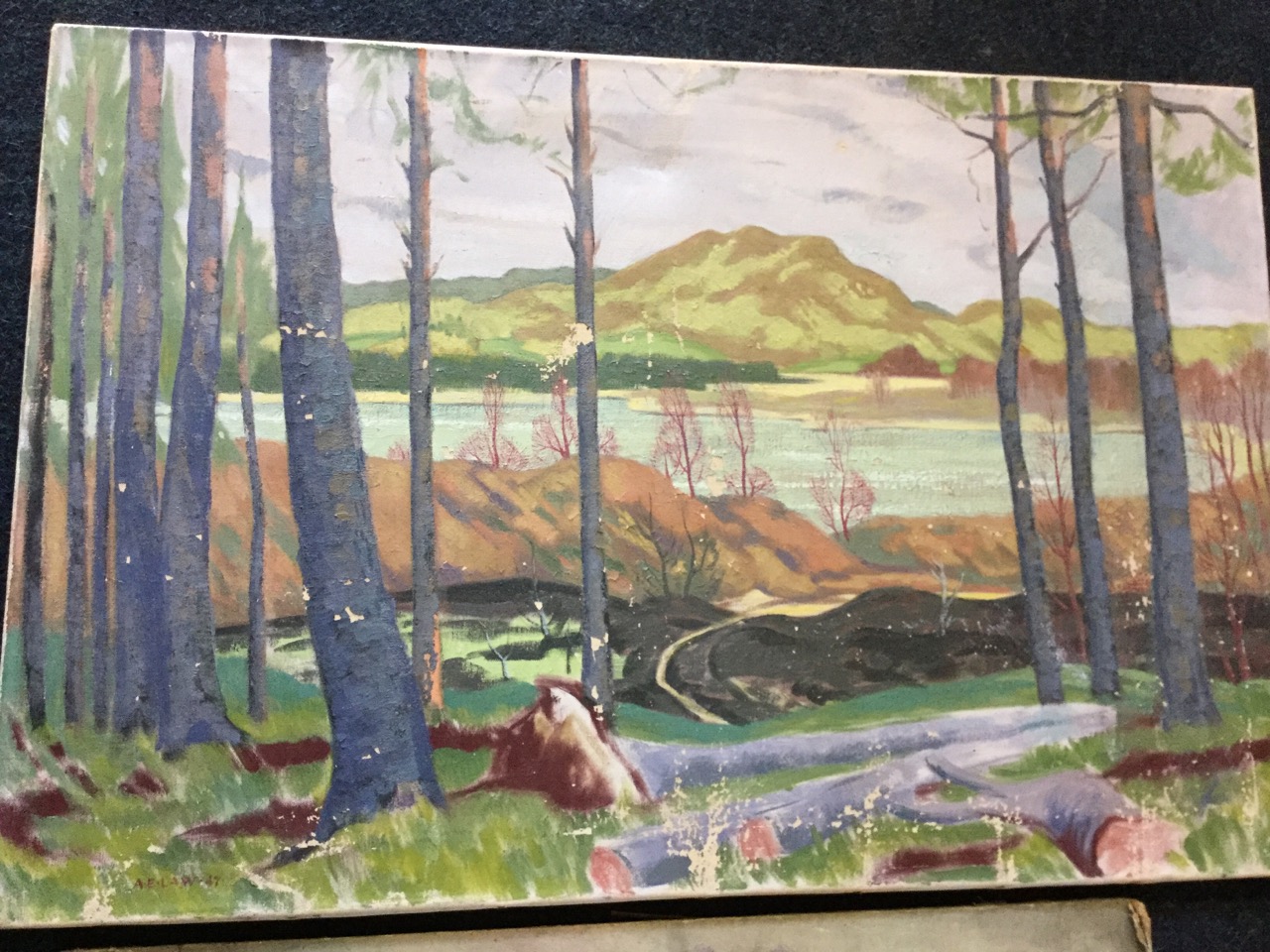 AE Law, oil on canvas, loch landscape looking through trees, signed and dated 1947, unframed; and an - Image 3 of 3