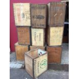 Ten tea chests, stencilled with various foreign parts - India, Ceylon, Pertabgnur, Malay,