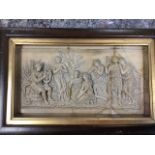 CJ Becker, a moulded alabaster type classical panel, the frieze with figures gathered outdoors by