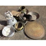 Miscellaneous metal items including two brass jardinieres, two aluminium jam pans, a Victorian