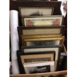 A box of framed photographs, prints, frames, portraits, certificates, papyrus, some signed, etc. (