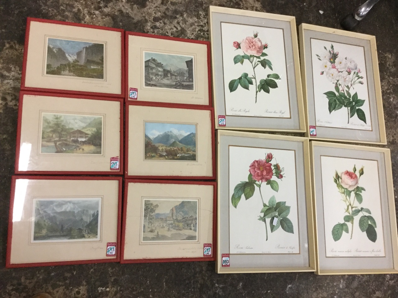 A set of six German/Swiss coloured prints depicting alpine scenes with figures in foregrounds,