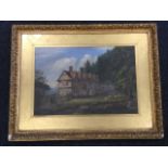 A G Barraw, nineteenth century oil on canvas, timbered building in trees with sheep in garden and
