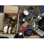 Miscellaneous items including pewter tankards, brass, pens, treen, silver plate, cameras,
