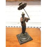 A cold painted bronze model of a chinaman holding a fly whisk and parasol, mounted on circular