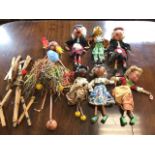 Seven jointed Pelham puppets - two kilted Scotsmen, two girls, a clown, a black lady and a