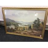 W Reeves, lithographic print, highland water landscape with shepherd & sheep in foreground, signed