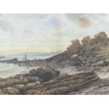 HM Telfer, late nineteenth century watercolour, coastal view with distant town, boats on water and