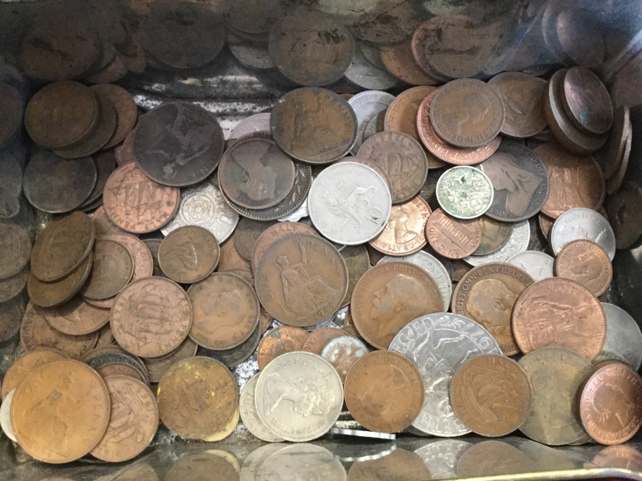 Two tins of coins, mainly British, a tube of 49 pennies, crowns, mainly copper, etc. (A lot) - Image 2 of 3