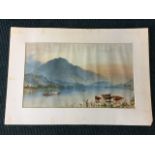 A Victorian lake landscape print with cows watering in the foreground and boats on water,