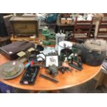 Miscellaneous metal items including two sets of scales with weights, a pair of wrought iron