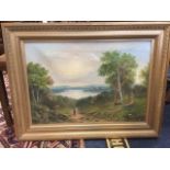 Late nineteenth century English school, oil on canvas, water landscape with castle by loch in