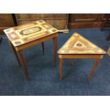 Two Italian marquetry musical tables with hinged lids - one triangular and one rectangular. (2)