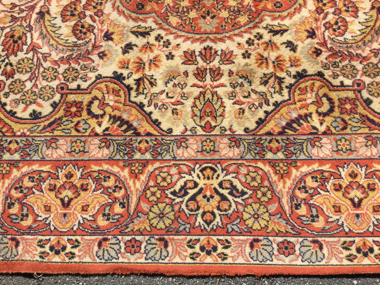 An oriental style Wilton carpet woven with scalloped central medallion on ivory field with golden - Image 3 of 3