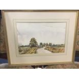 Andrew Pitt, watercolour, landscape with road, bridge & building, mounted & framed, label to verso