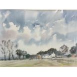 Ronald Crampton, watercolour, landscape with farm buildings, signed, mounted & gilt framed, label to