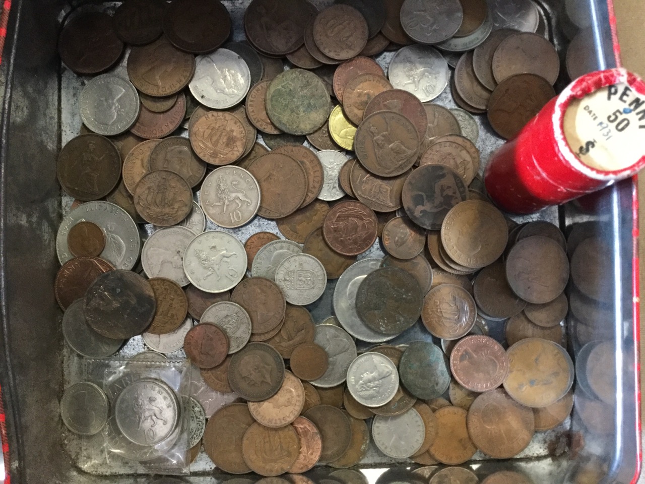 Two tins of coins, mainly British, a tube of 49 pennies, crowns, mainly copper, etc. (A lot) - Image 3 of 3