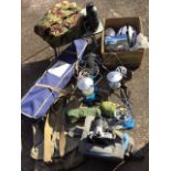 A quantity of camping/outdoor gear including gas stoves, a cased camp bed, helmets, a Norwegian