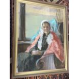 Meta Garrett, pastel, study of a lady seated in chair by window, signed & framed. (21.75in x 28.