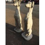 A pair of composition stone greyhounds, the animals with collars alertly seated on their haunches