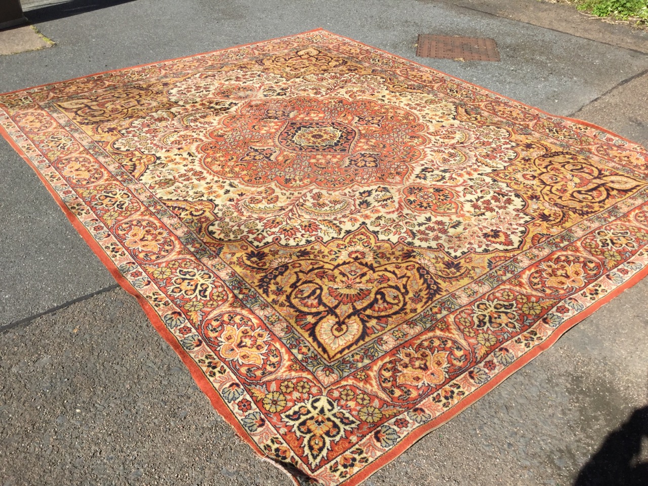 An oriental style Wilton carpet woven with scalloped central medallion on ivory field with golden - Image 2 of 3