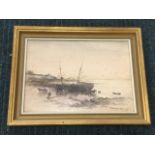 William Arthur Garrick, watercolour, coastal view with figures and horses & carts by boats, signed &