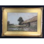 Dorothy Cox, watercolour, sheep coming in by stable with single figure, signed & dated 1913, in gilt