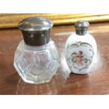 A glass scent bottle with domed hallmarked silver lid having glass stopper - rubbed marks; and a