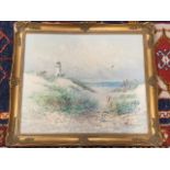Runcie, oil on board, coastal view to beach with lighthouse, seagulls & fence, signed and gilt