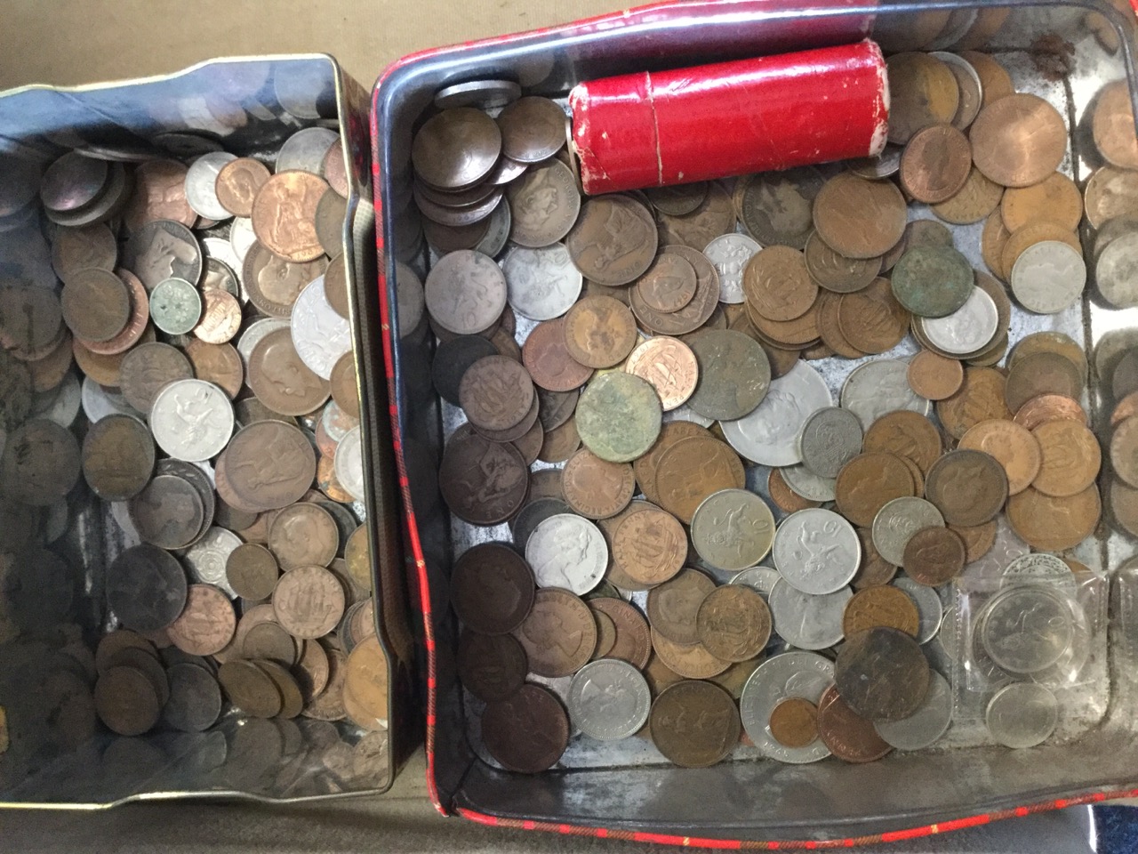 Two tins of coins, mainly British, a tube of 49 pennies, crowns, mainly copper, etc. (A lot)