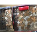 Two tins of coins, mainly British, a tube of 49 pennies, crowns, mainly copper, etc. (A lot)