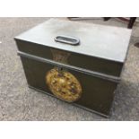 A Victorian cast iron box safe, the trunk with hinged lid mounted with carriage handles, bearing