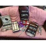 Miscellaneous silver plated flatware including some boxed sets, two cases of enamelled spoons, a