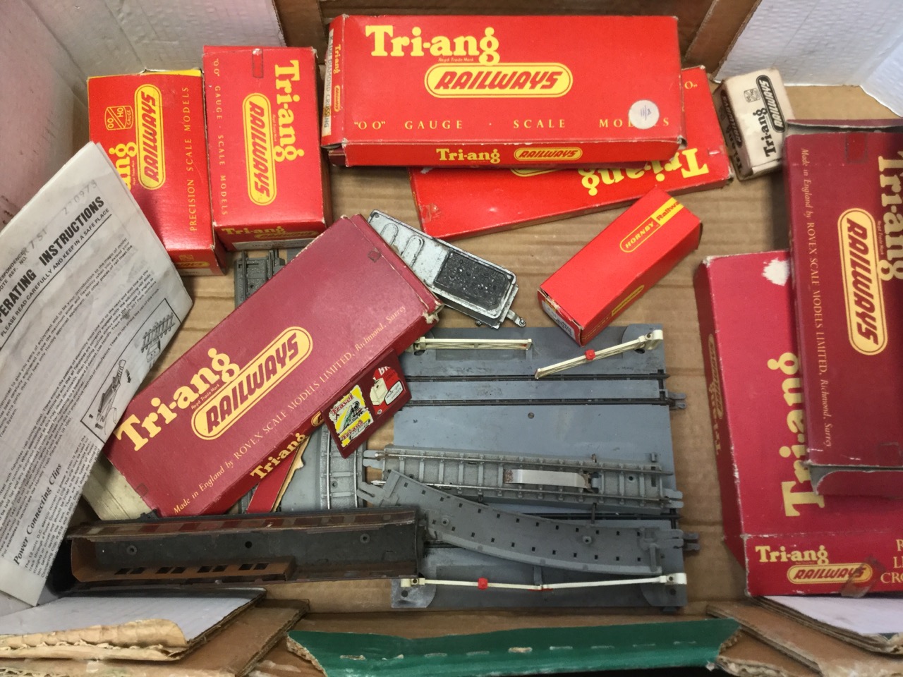 Two boxes of Hornby Tri-ang gear - track, boxed pieces, level crossing, power unit, fencing, etc. (A - Image 2 of 3
