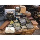 A collection of wood & metal boxes - cigar, money, tobacco, some with cards, leather, cigarette