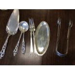 Miscellaneous hallmarked silver including two hallmarked sugar tongs, a pair of forks, a serving