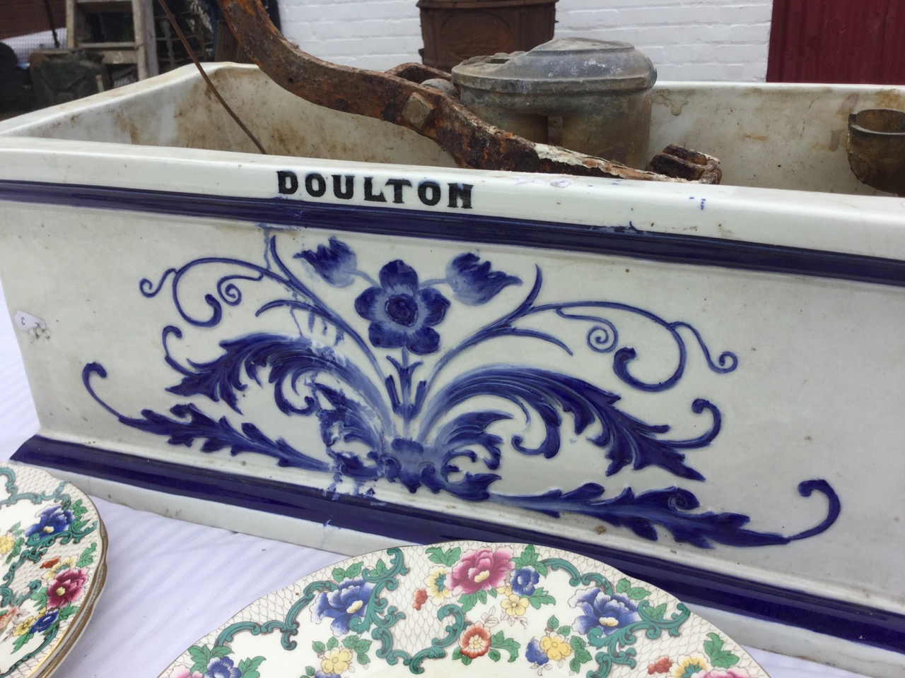 A rectangular Doulton bog cistern embossed with blue & white floral scrolled decoration; a Royal - Image 3 of 3