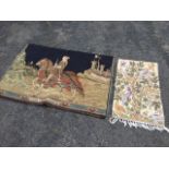 A Brussels style rectangular tapestry depicting a medieval figure on horseback leaving castle, the