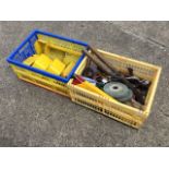 A box of miscellaneous tools - planes, a wrench, shears, oil cans, hammers, etc; and a box of