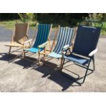 Three striped deckchairs with beech frames: and a green garden chair with padded back & seat. (4)