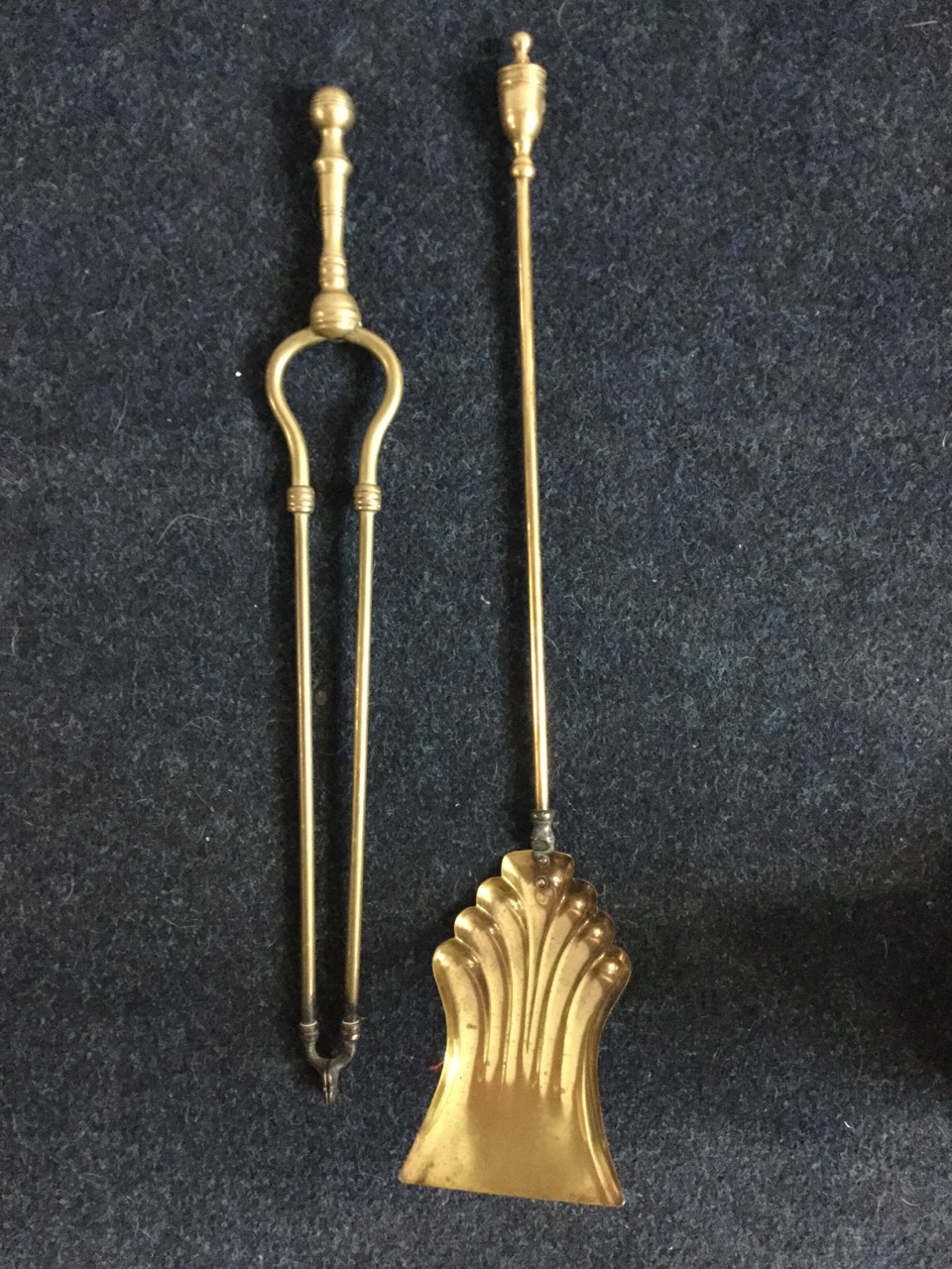 Three brass fire irons - tongs, poker & shovel, together with an associated pair of firedogs with - Image 2 of 3