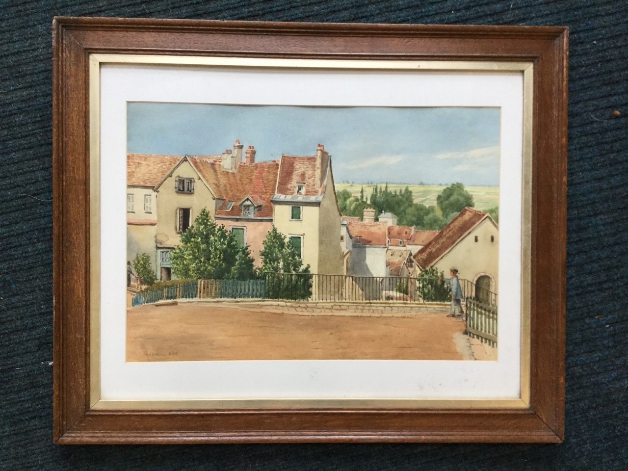 Maxwell RWS, C20th watercolour, streetscene with single figure by railings, signed, mounted and