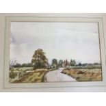 Andrew Pitt, watercolour, landscape with road, bridge & building, mounted & framed, label to verso