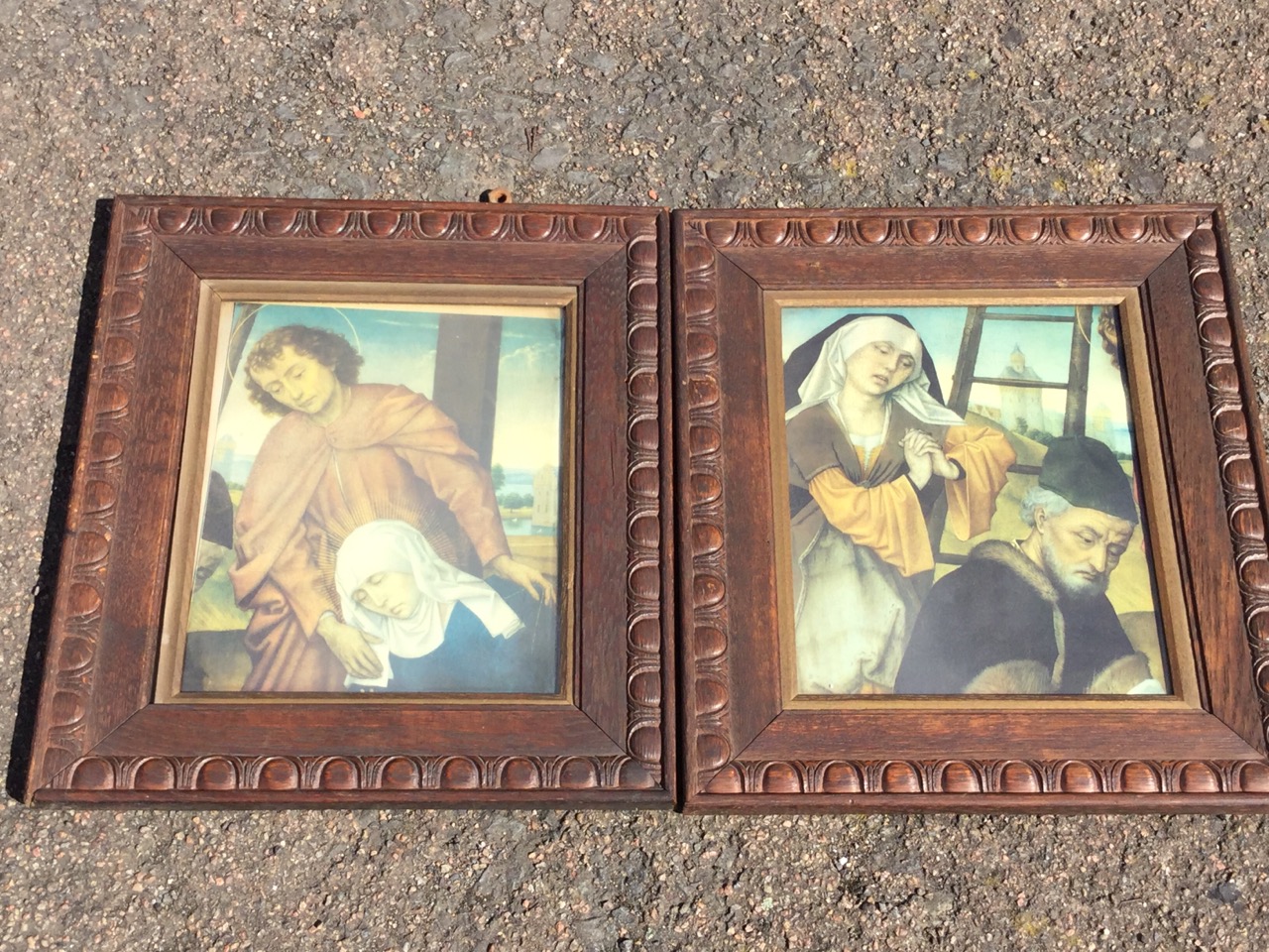 A pair of late Victorian carved oak frames with lozenge borders, holding religious old master