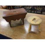 A rectangular Edwardian cracket stool with scalloped aprons; and a circular beech milking stool on