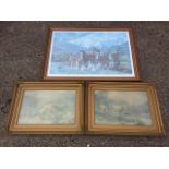 A pair of Edwardian gilt framed highland cattle prints; and a large framed print of a ploughing