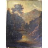 John Ewbank, oil on canvas, Scottish river landscape with figure on bridge and boys fishing in